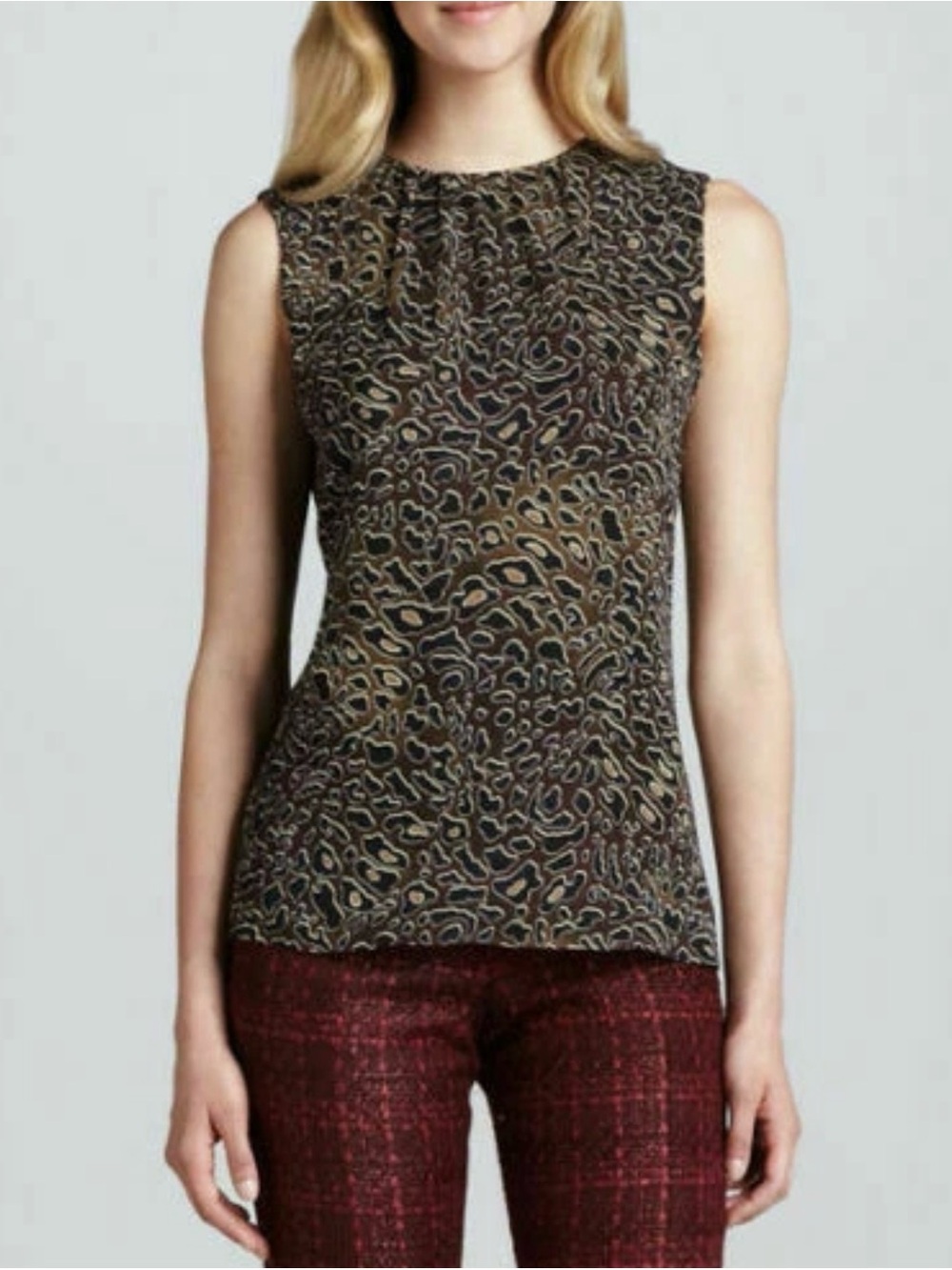 Tory Burch Tanya Women's Size 0 Brown Silk Abstract Leopard Sleeveless Blouse